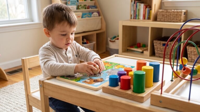 Toddler grasping a wooden knob puzzle piece at a play table alongside colorful sorting pegs and a bead maze
