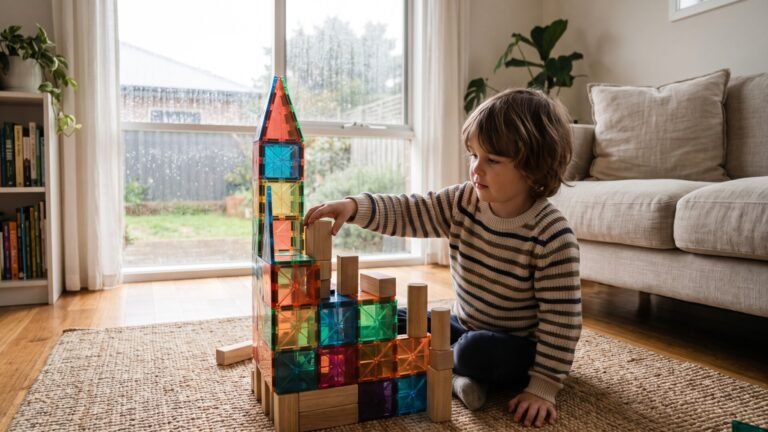 Young child building a colorful tower with magnetic tiles and wooden blocks indoors on a rainy day