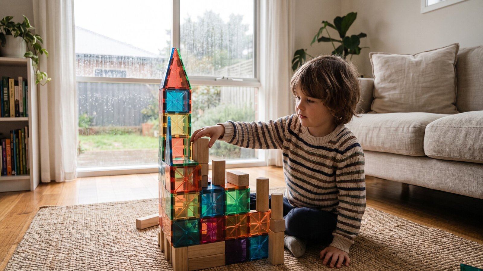 Young child building a colorful tower with magnetic tiles and wooden blocks indoors on a rainy day