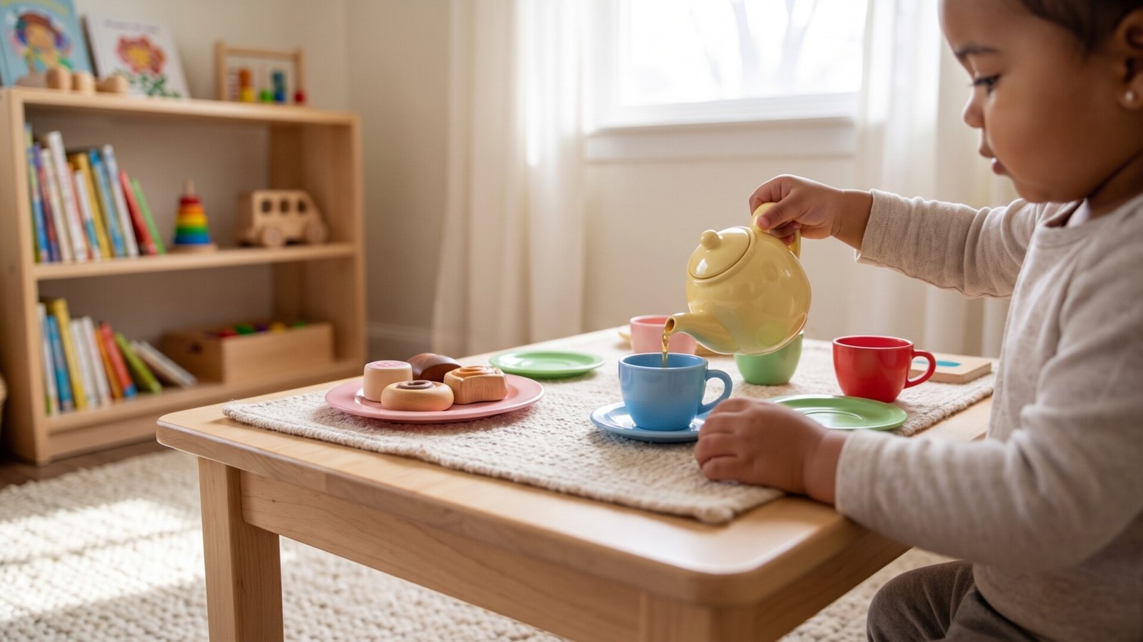 Toddler pouring tea into a colorful toy cup during pretend play at a small wooden table