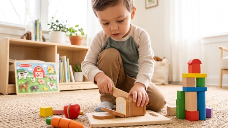 Toddler slicing wooden play food on a cutting board next to colorful blocks and a farm puzzle