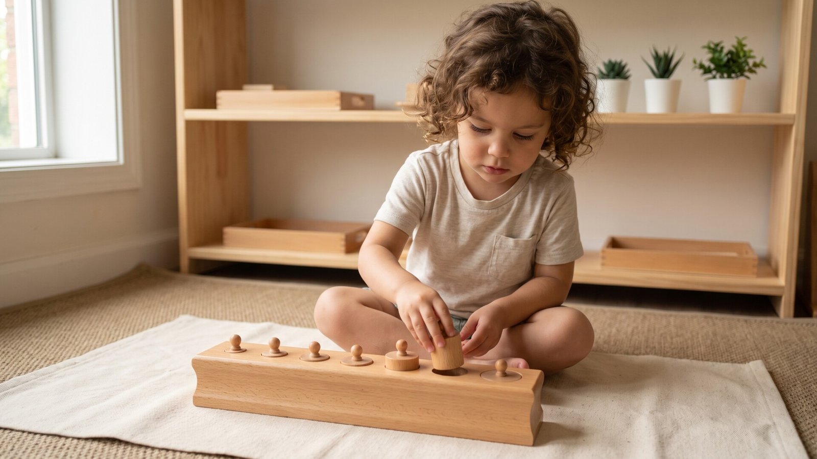 Young child seated on a floor mat fitting wooden pieces into a Montessori knobbed cylinder block