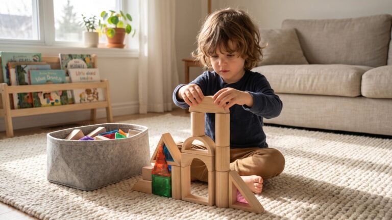 Young child sitting on a living room rug building a structure with natural wooden blocks and colorful magnetic tiles