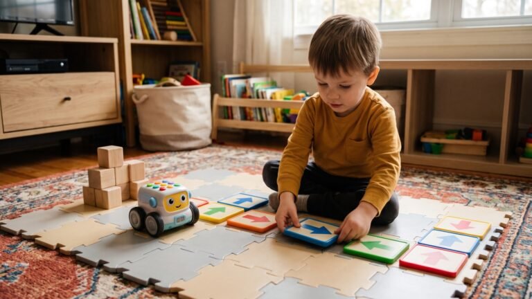 Young child arranging directional arrow coding tiles for a toy robot on a floor mat
