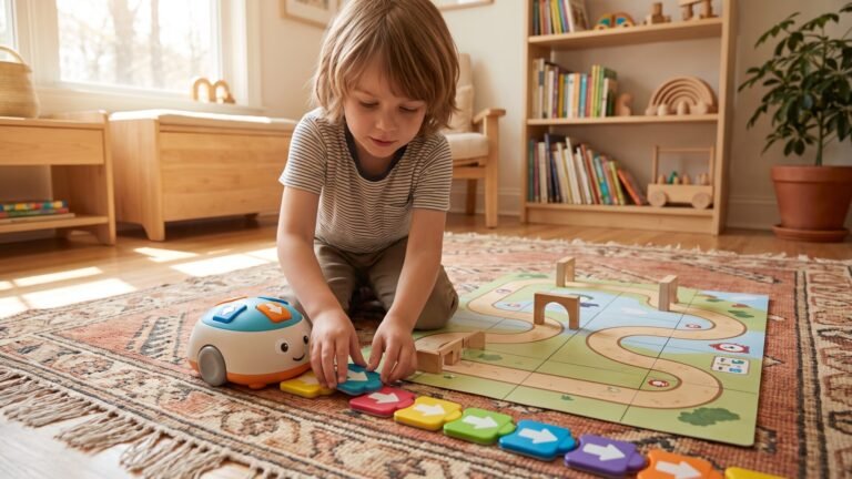 Young child arranging colorful arrow tiles beside a friendly toy robot on a floor activity mat