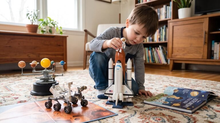 Young boy playing with a toy space shuttle, Mars rover, and solar system model on a rug
