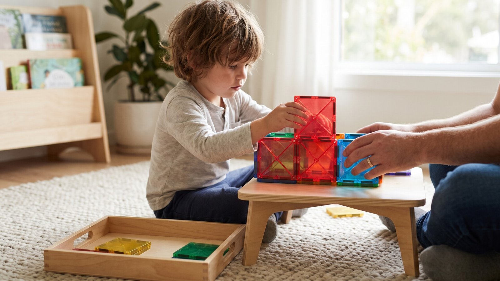 Young child and adult building colorful structures with magnetic tiles on a low wooden playroom table
