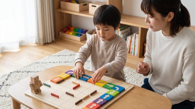 Young boy arranging directional arrow tiles on a wooden screen-free coding board game beside an adult