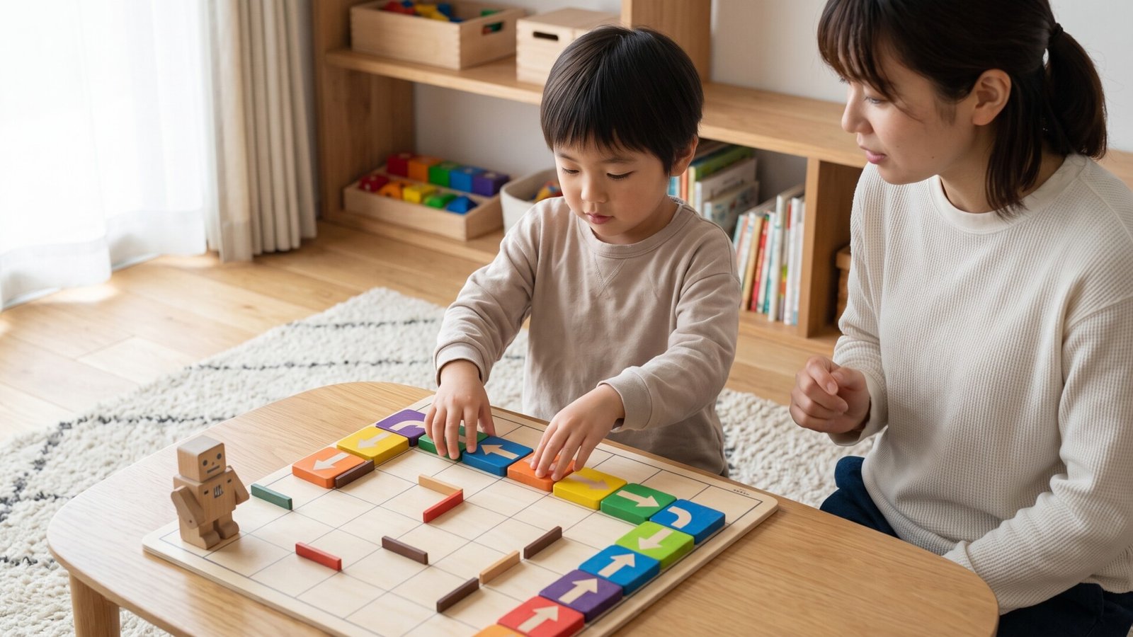Young boy arranging directional arrow tiles on a wooden screen-free coding board game beside an adult