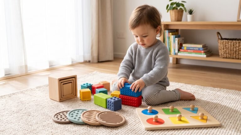 Young child playing with colorful textured blocks and sensory toys on a rug in a sunlit room