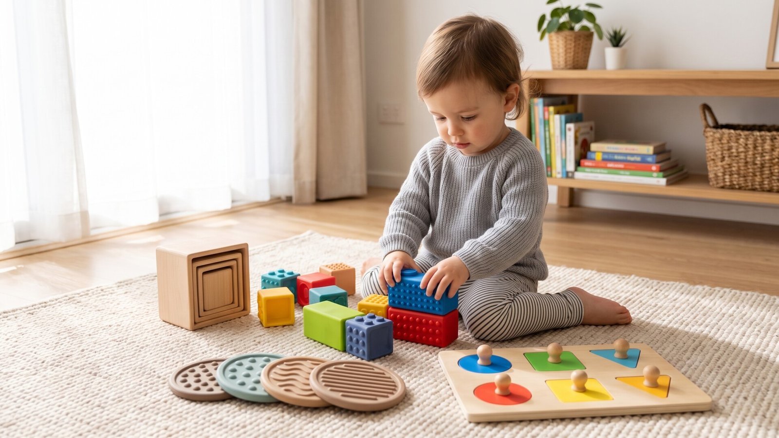 Young child playing with colorful textured blocks and sensory toys on a rug in a sunlit room