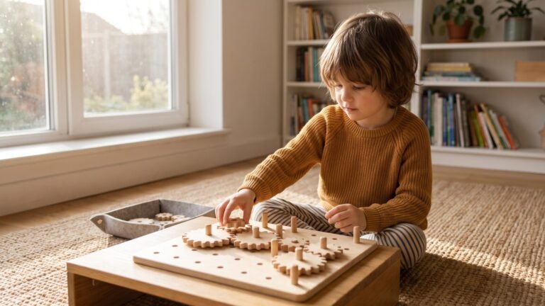 Young child sitting on a rug calmly assembling wooden gears on a low wooden table