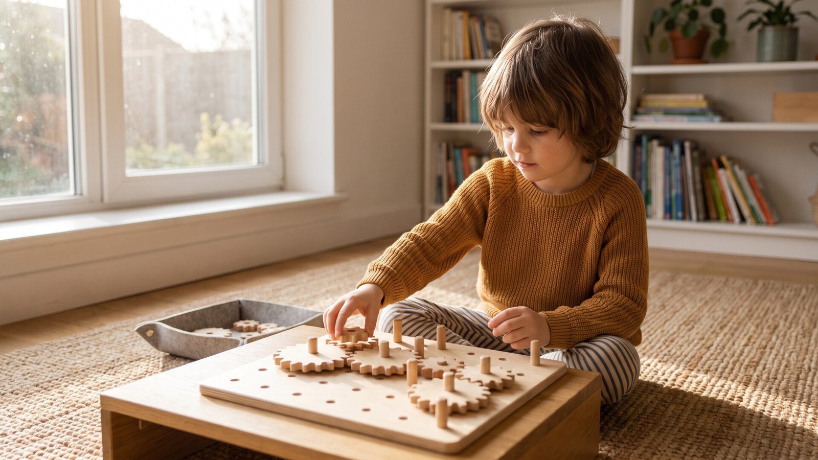 Young child sitting on a rug calmly assembling wooden gears on a low wooden table