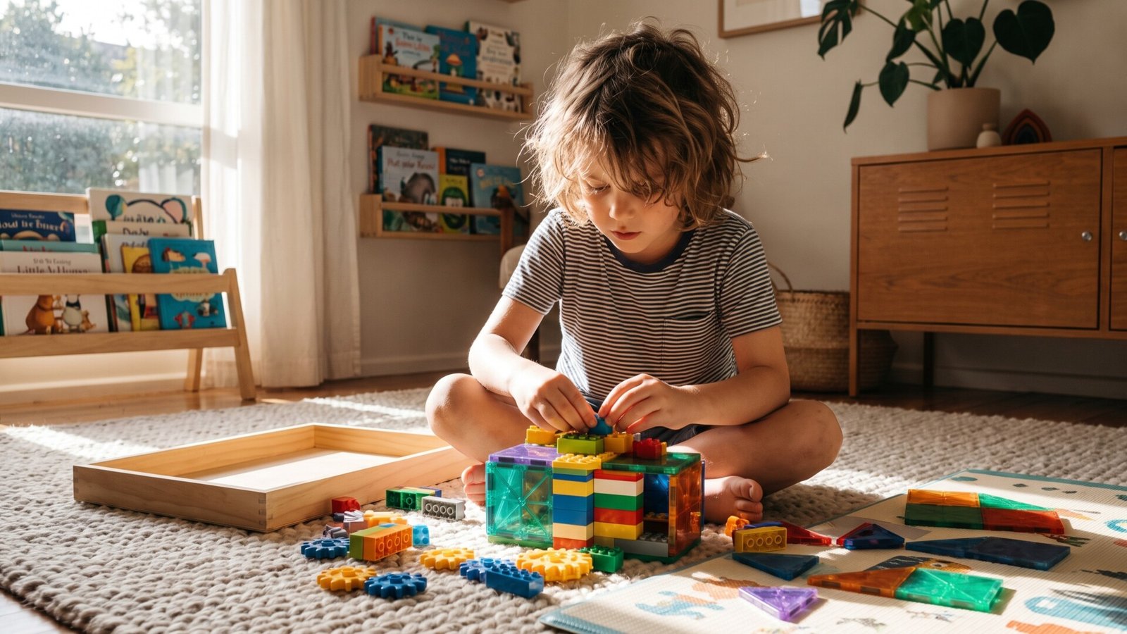 Young boy sitting on a living room rug building a structure with colorful plastic blocks and magnetic tiles