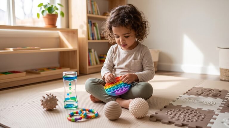 Young child playing with a rainbow pop-it fidget toy surrounded by tactile sensory balls and a liquid timer