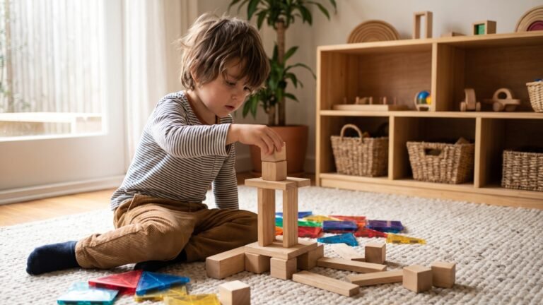 Young child focused on building a tower with natural wooden blocks and colorful magnetic tiles on a playroom rug