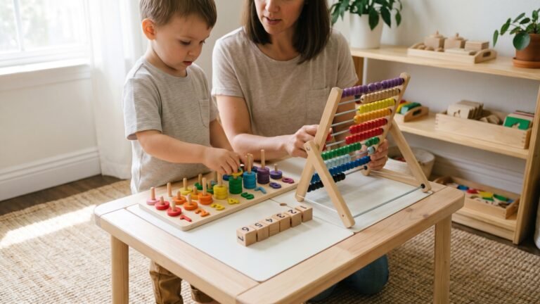 Preschool child and mother playing with wooden counting rings and an abacus at a low table