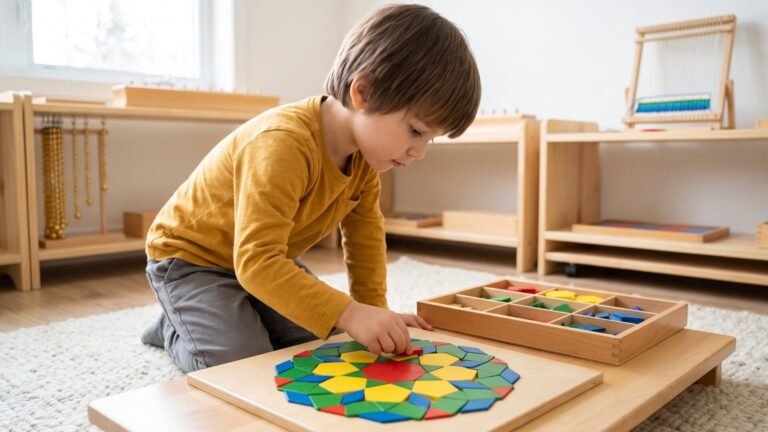 Young child kneeling at a low table assembling a colorful wooden geometric pattern block puzzle in a Montessori room