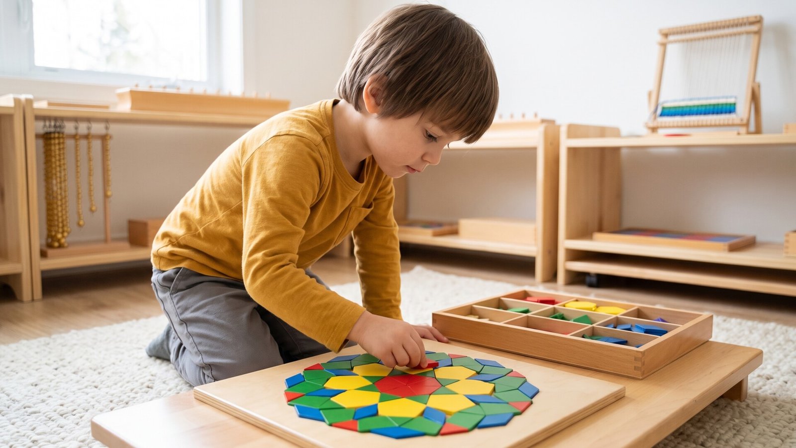 Young child kneeling at a low table assembling a colorful wooden geometric pattern block puzzle in a Montessori room