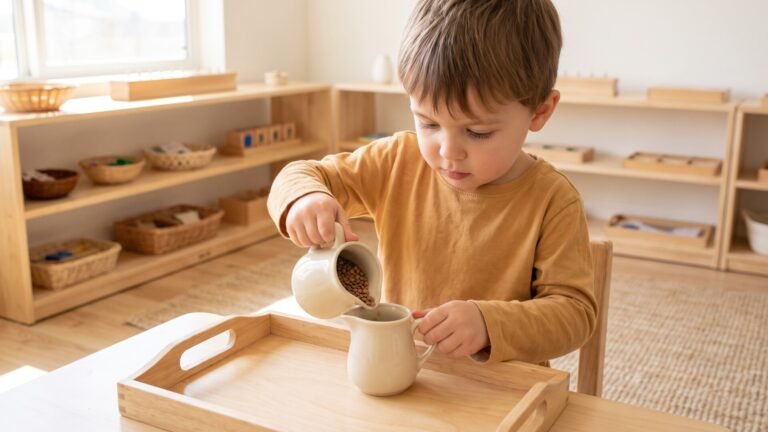 Young child carefully pouring dried lentils between two ceramic pitchers on a wooden tray in a Montessori classroom