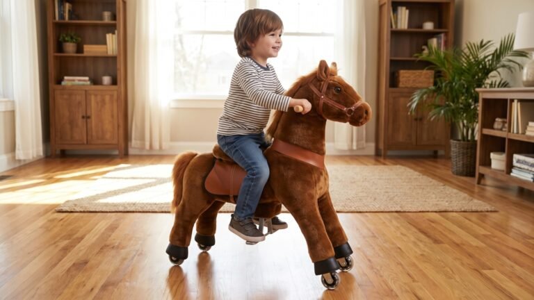 Young boy riding a brown plush PonyCycle mechanical toy horse across a living room floor