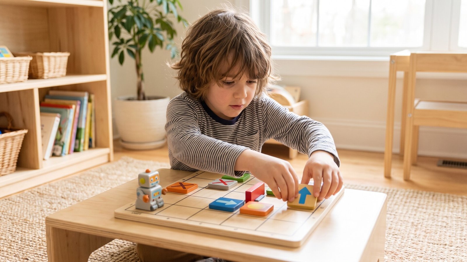 Young boy arranging directional tiles on a wooden grid puzzle to guide a toy robot