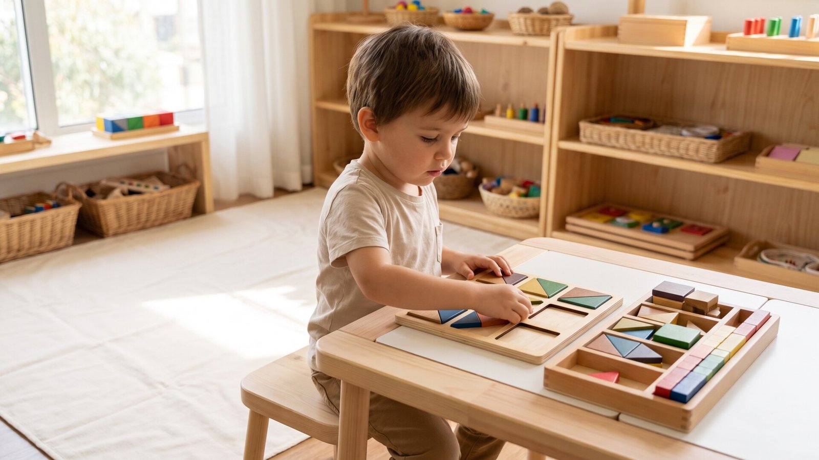 Young boy sitting at a low table solving a geometric shape puzzle in a Montessori playroom