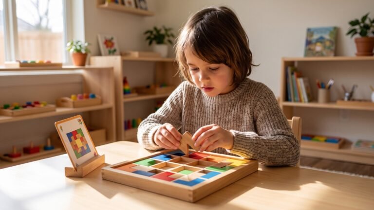 Young child arranging colorful wooden blocks into a tabletop logic grid puzzle using a reference card