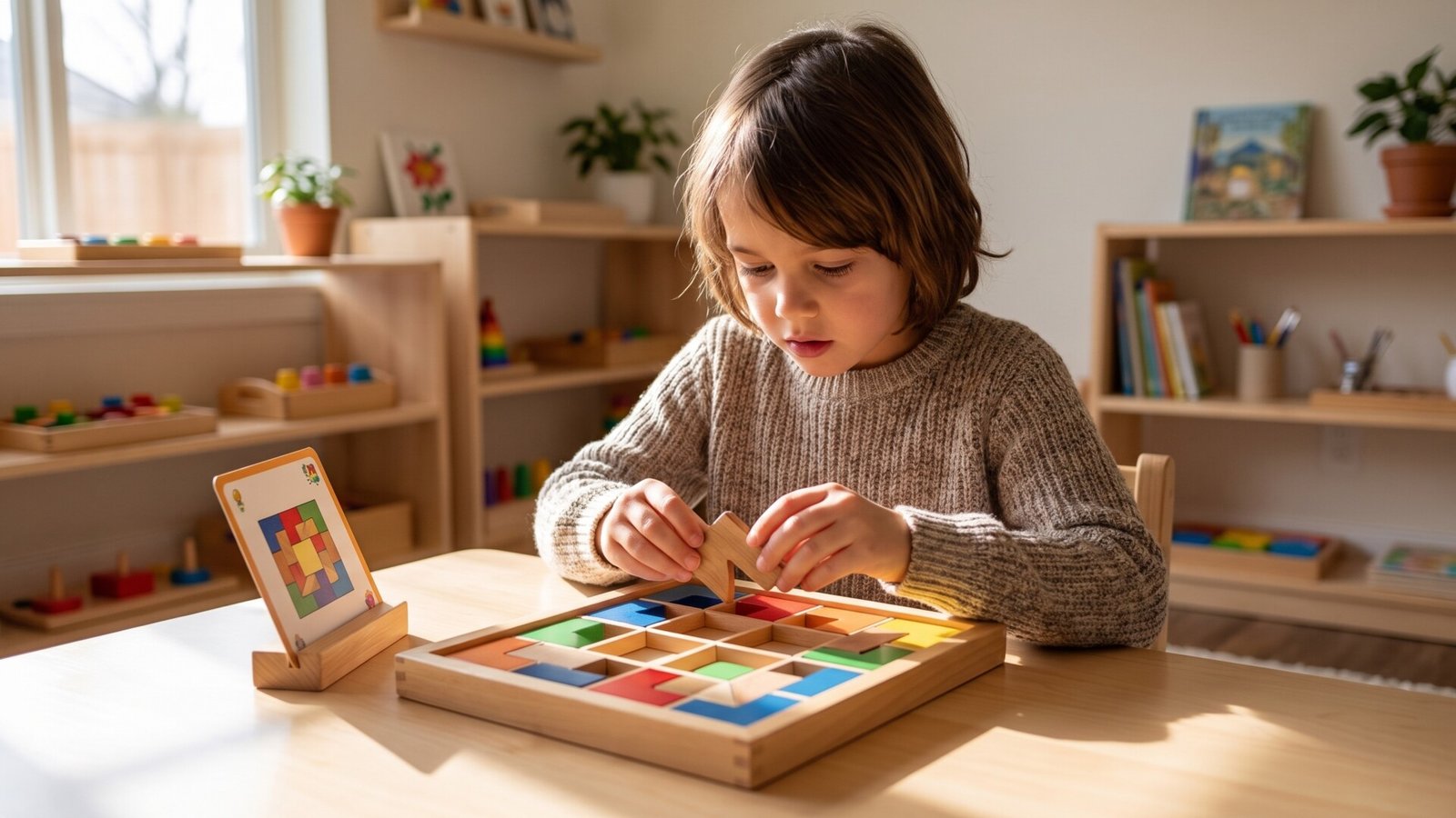 Young child arranging colorful wooden blocks into a tabletop logic grid puzzle using a reference card