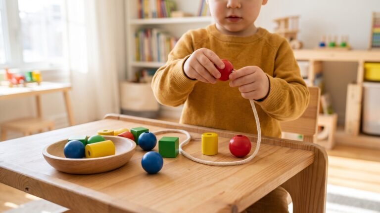 Young child carefully threading a red wooden bead onto a string at a wooden table