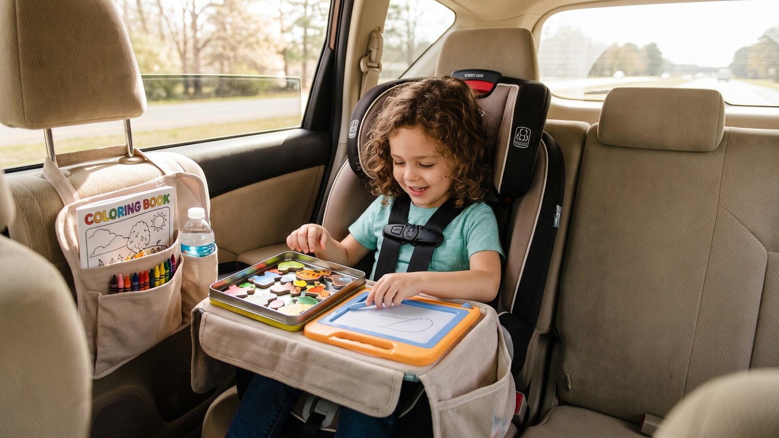 Young child playing with a magnetic drawing board and puzzle tray on a car seat lap desk during a family road trip