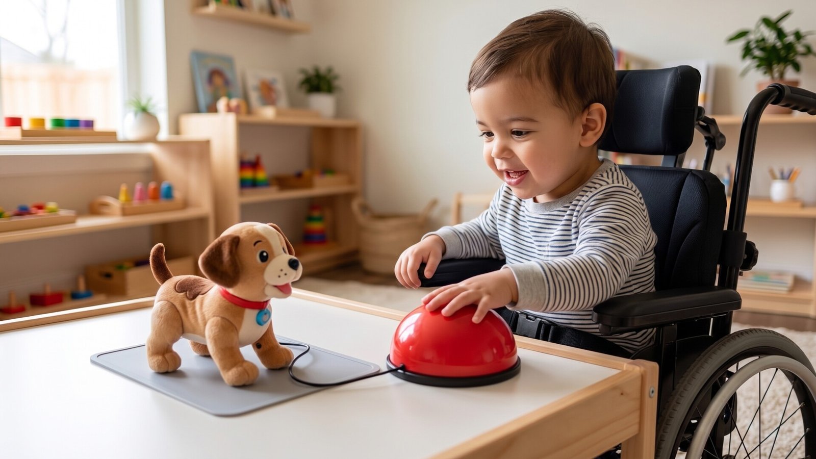 Smiling young boy in a wheelchair pressing a large red switch to activate an adapted plush dog toy