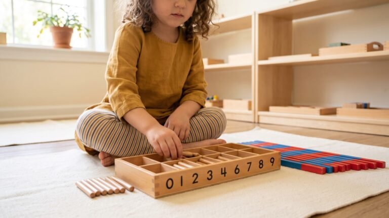 Preschool child placing wooden spindles into a numbered Montessori spindle box on a floor mat