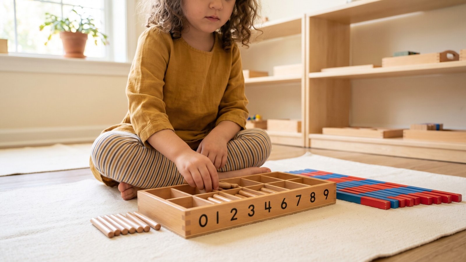 Preschool child placing wooden spindles into a numbered Montessori spindle box on a floor mat