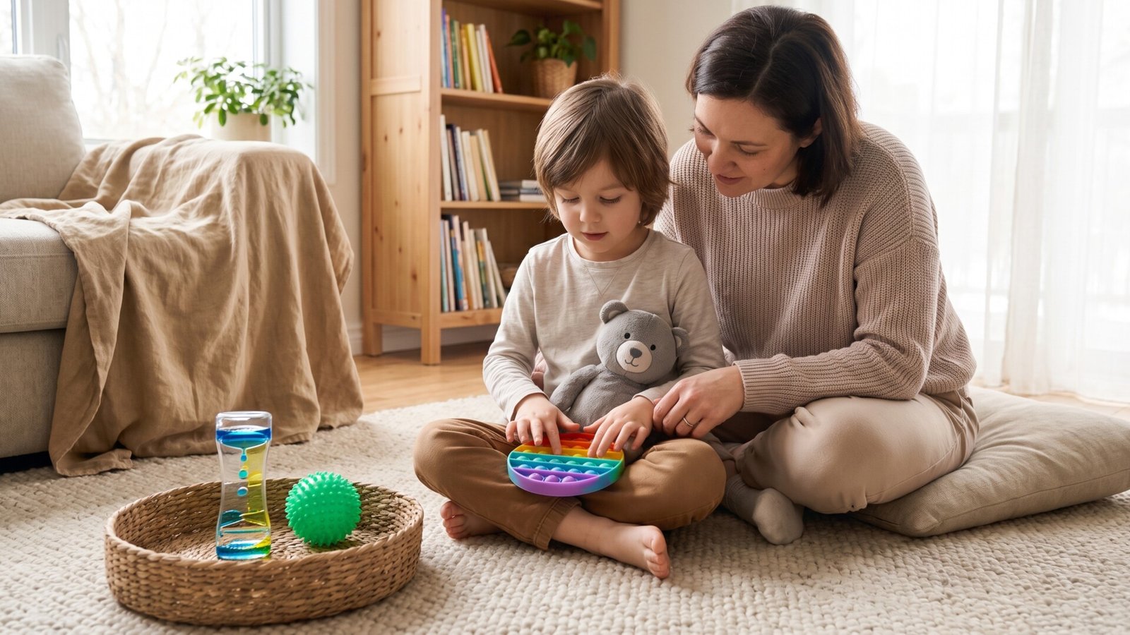 Mother and young child sitting on a rug using a pop-it fidget toy and stuffed animal to calm down