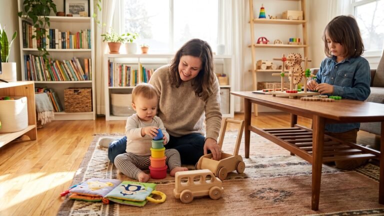 Mother and baby stacking cups on a rug while an older sibling builds with wooden gear toys at a coffee table