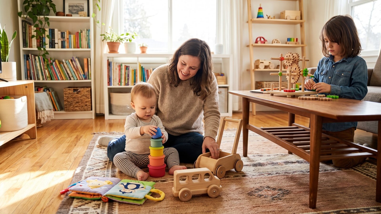 Mother and baby stacking cups on a rug while an older sibling builds with wooden gear toys at a coffee table