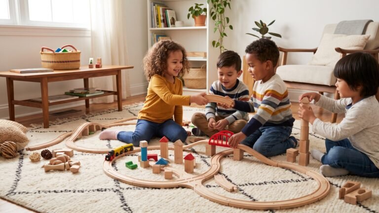 Four young children sitting on a rug playing cooperatively with a wooden train set and building blocks during a playdate