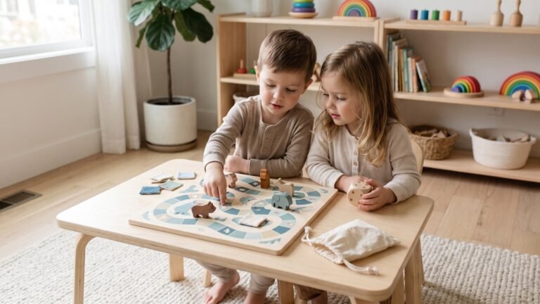 Two young children playing a cooperative wooden board game with carved animal pieces at a low table