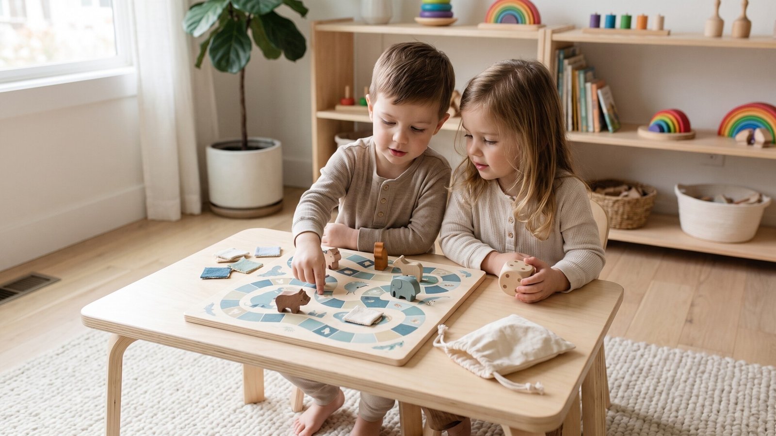 Two young children playing a cooperative wooden board game with carved animal pieces at a low table
