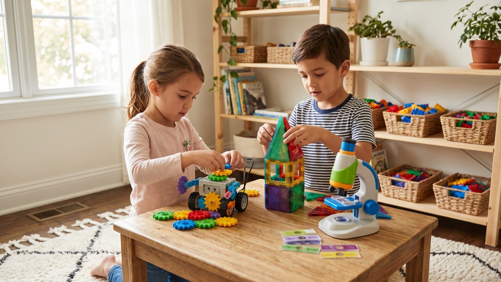 Two young children building with gears and magnetic tiles next to a toy microscope at a play table