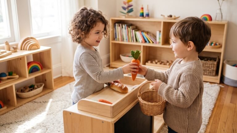 Two young children playing grocery store together with toy food in a bright playroom
