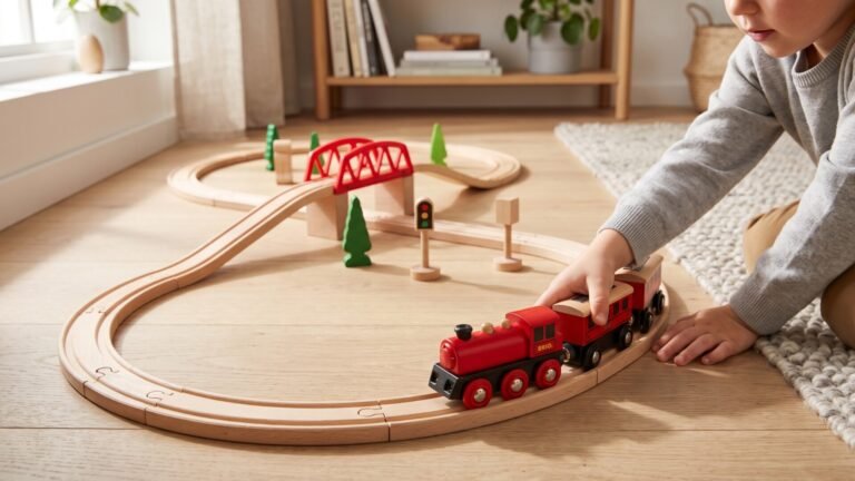 Child pushing a red wooden Brio train along a curved wooden track with a bridge