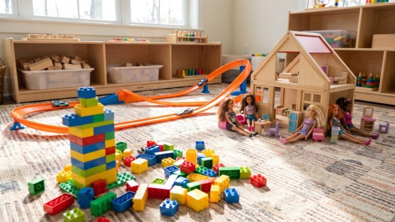 Building blocks, race car tracks, and fashion dolls arranged near a wooden dollhouse in a sunny playroom