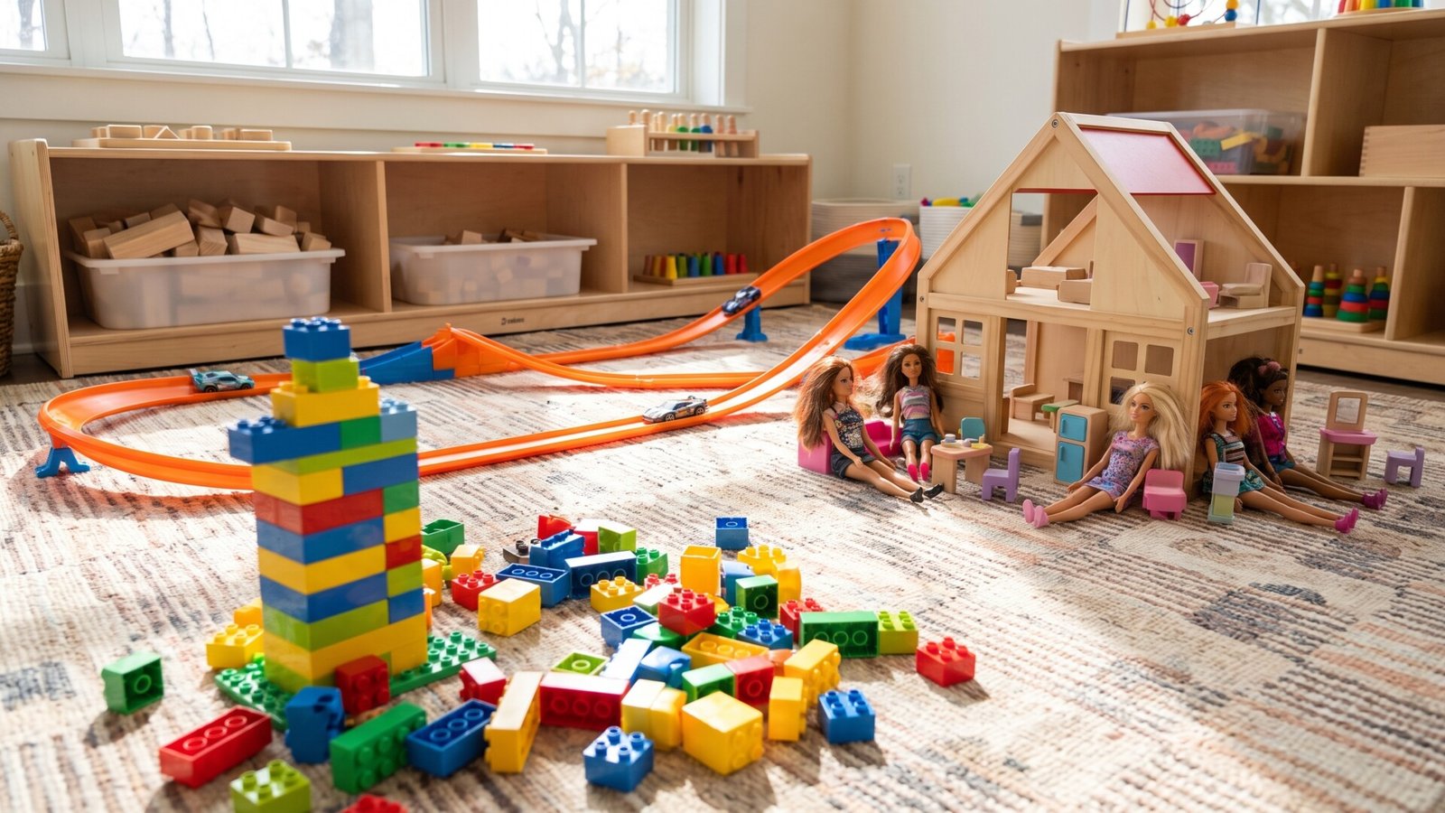 Building blocks, race car tracks, and fashion dolls arranged near a wooden dollhouse in a sunny playroom
