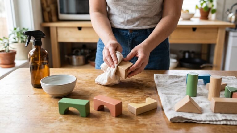 Hands wiping down a wooden toy block with a cloth next to an amber spray bottle on a wooden table