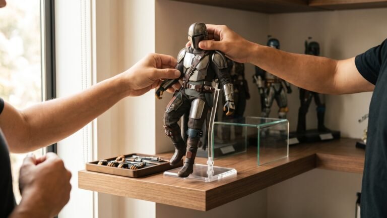 Adult collector carefully posing a detailed Mandalorian action figure on a wooden display shelf