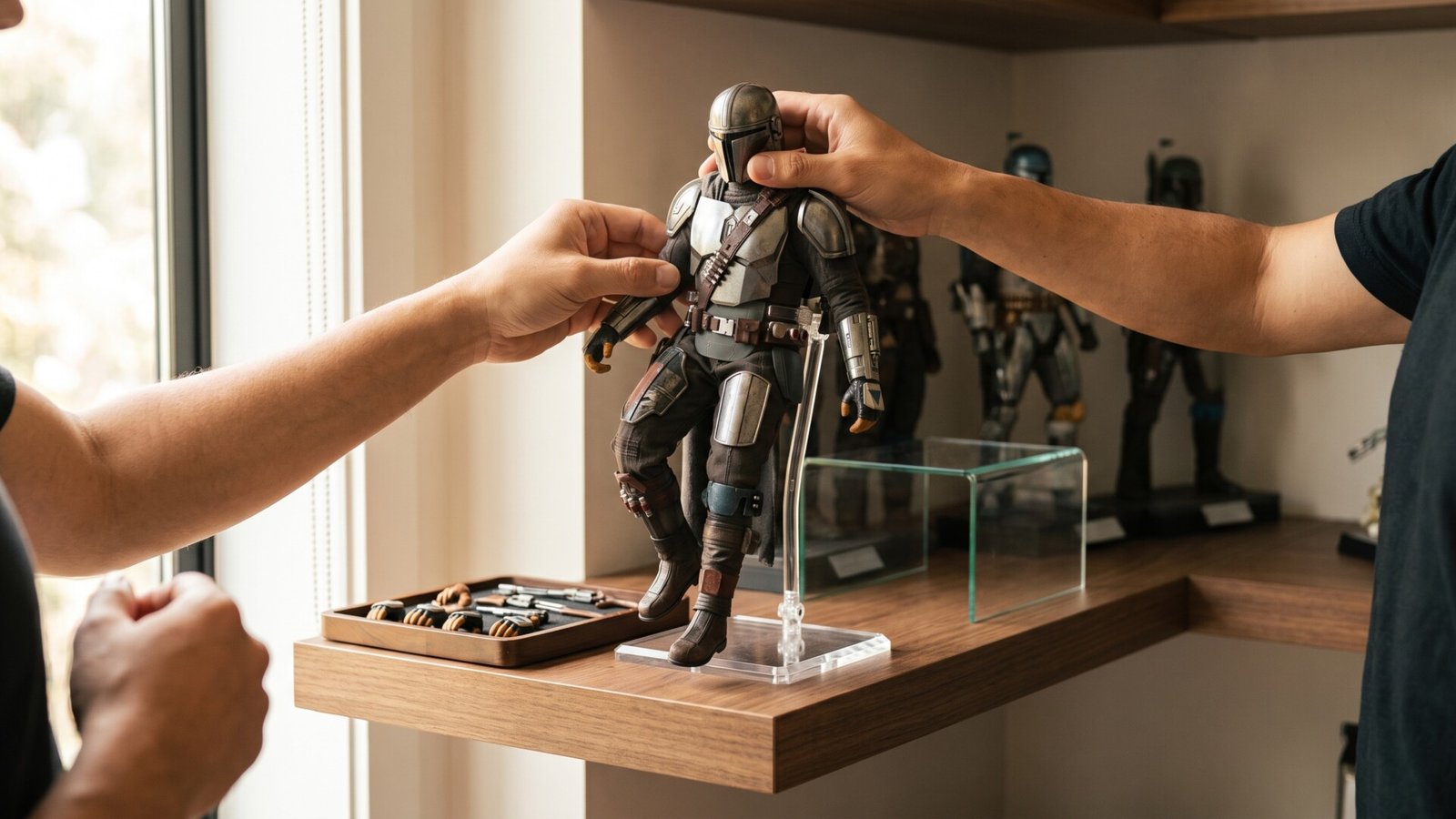 Adult collector carefully posing a detailed Mandalorian action figure on a wooden display shelf
