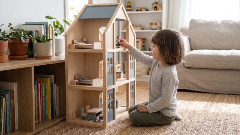 Young child playing with a compact multi-story wooden dollhouse on a living room rug