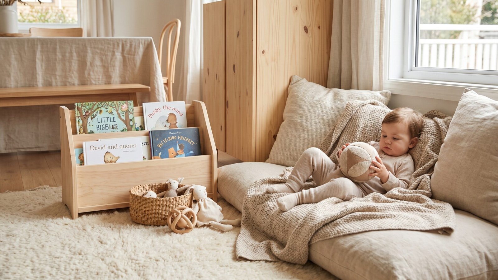 Toddler relaxing on soft floor cushions with a ball next to a wooden bookshelf in a calm corner